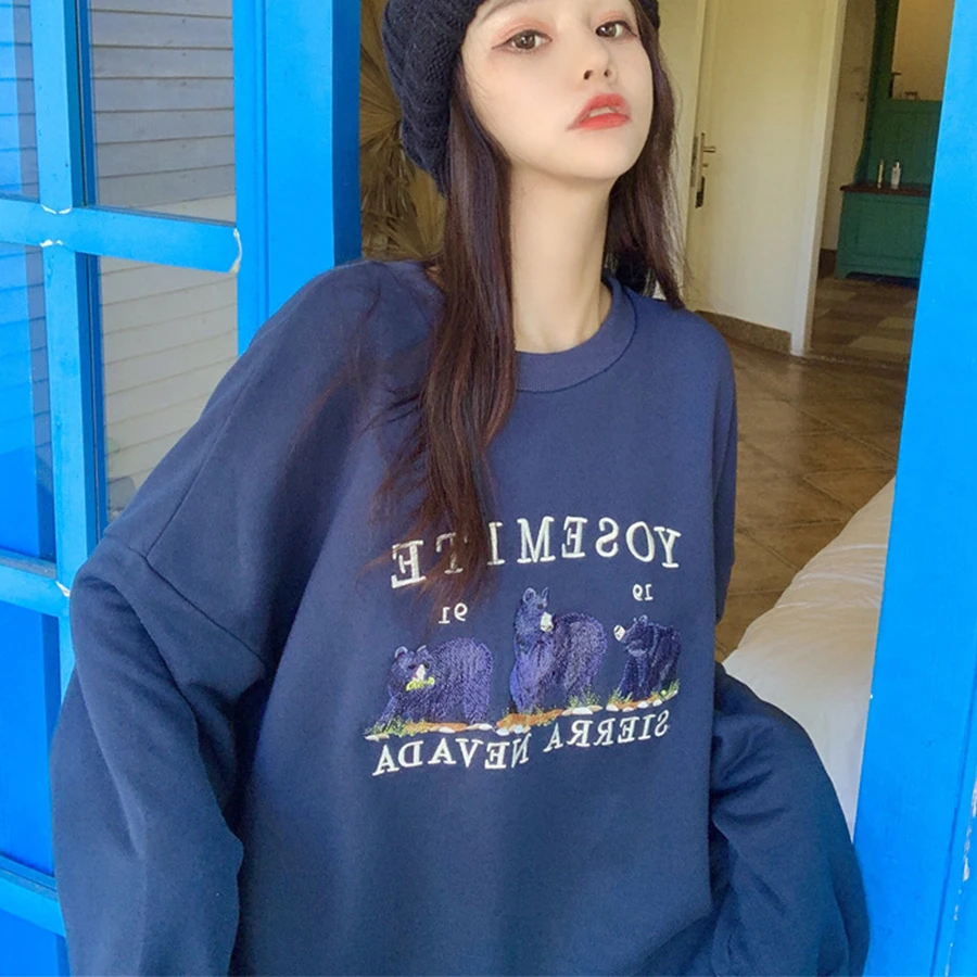 

Vintage Bear Embroid Sweatshirts Women 2020Harajuku Streetwear Casual Long Sleeve Crewneck Oversized Fashion Hoodie Korean Girls