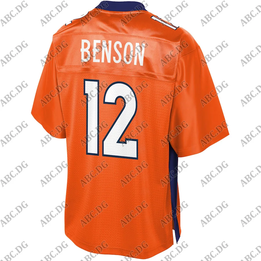 

Customized Stitch American Football Jersey Men Women Kid Youth Denver Trinity Benson Pro Line Orange Primary Player Team Jersey