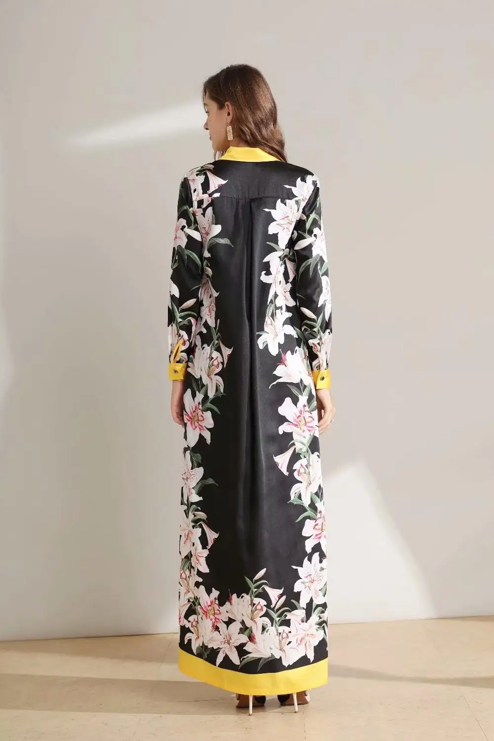 

Fashion Women Spring Turn-down Collar Long Sleeve Floral Print Silk Long Dress Vintage Casual Loose Dresses Beach Party Dress