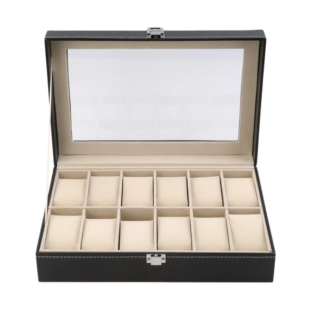 

12 Slots Grid PU Leather Watch Display Box Jewelry Storage Organizer Case Locked Watch Display Box with Black Color ACEHE