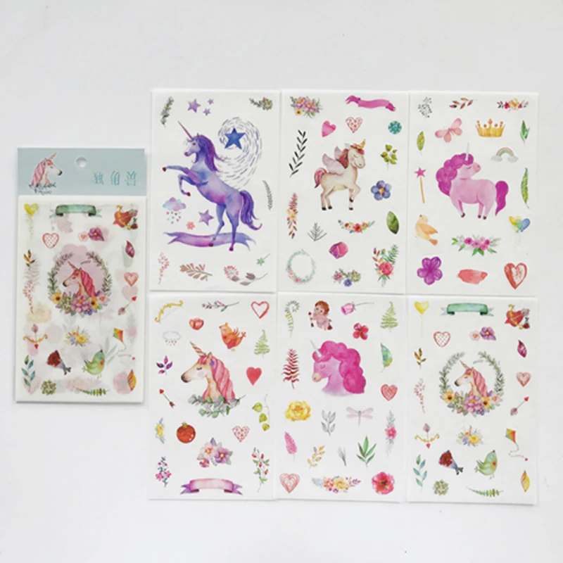 

6 Sheets /Pack Unicorn & Plants Washi Paper Decorative Stickers
