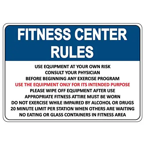 

Fitness Center Rules Sign Aluminum Metal Gym Industrial or Workplace Safety Warning Compliance Sign (36" Height x 24" Width)