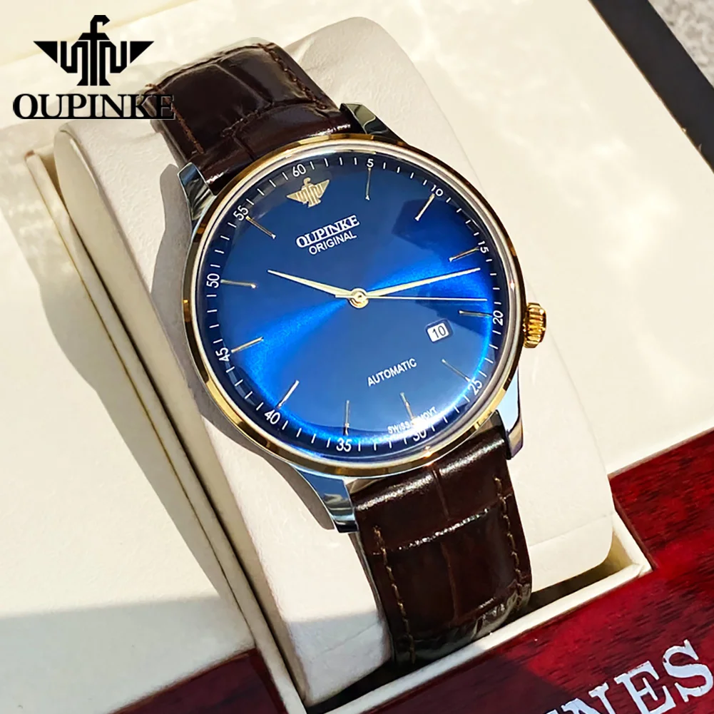 

OUPINKE Automatic Movement Brand Authentic Top Ten Men's Watches Men's Automatic Mechanical Watches Thin Leather Belt 3269 BLUE