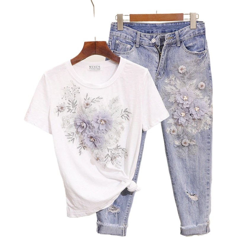 

Amolapha Women Sequined Beaded 3D Flower Cotton T-shirt +Calf-length Jeans Clothing Sets Summer Mid Calf Jean Suits