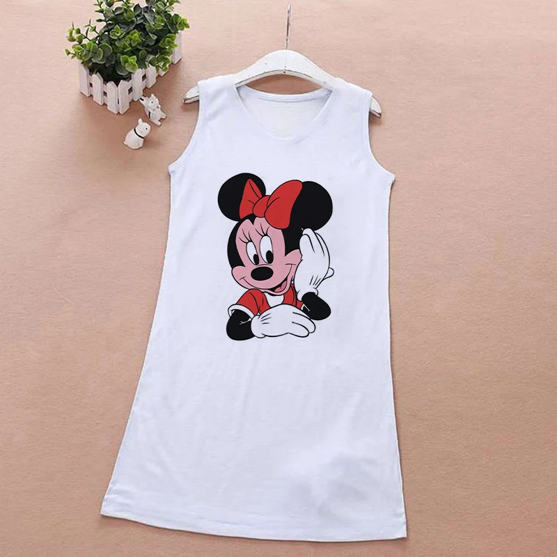 

Disney Children Clothes Girl Dress Cartoon Printing Mickey Minnie Donald Duck Dress New Casual Cute Fashion White Dress For Girl
