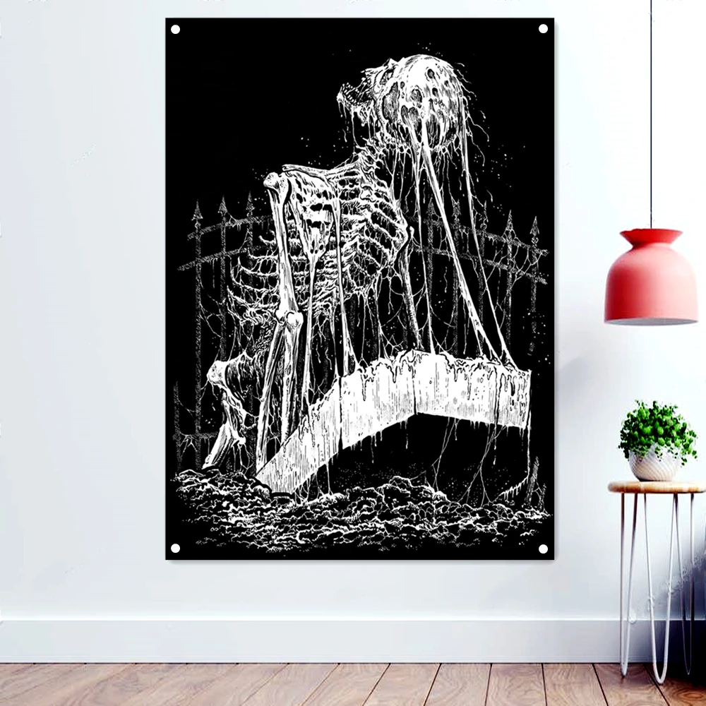 

Death Metal Artist Flag Tapestry Dark Art Poster Terrible Demon Banner Wall Painting Black/White Skull Wallpaper Home Decoration