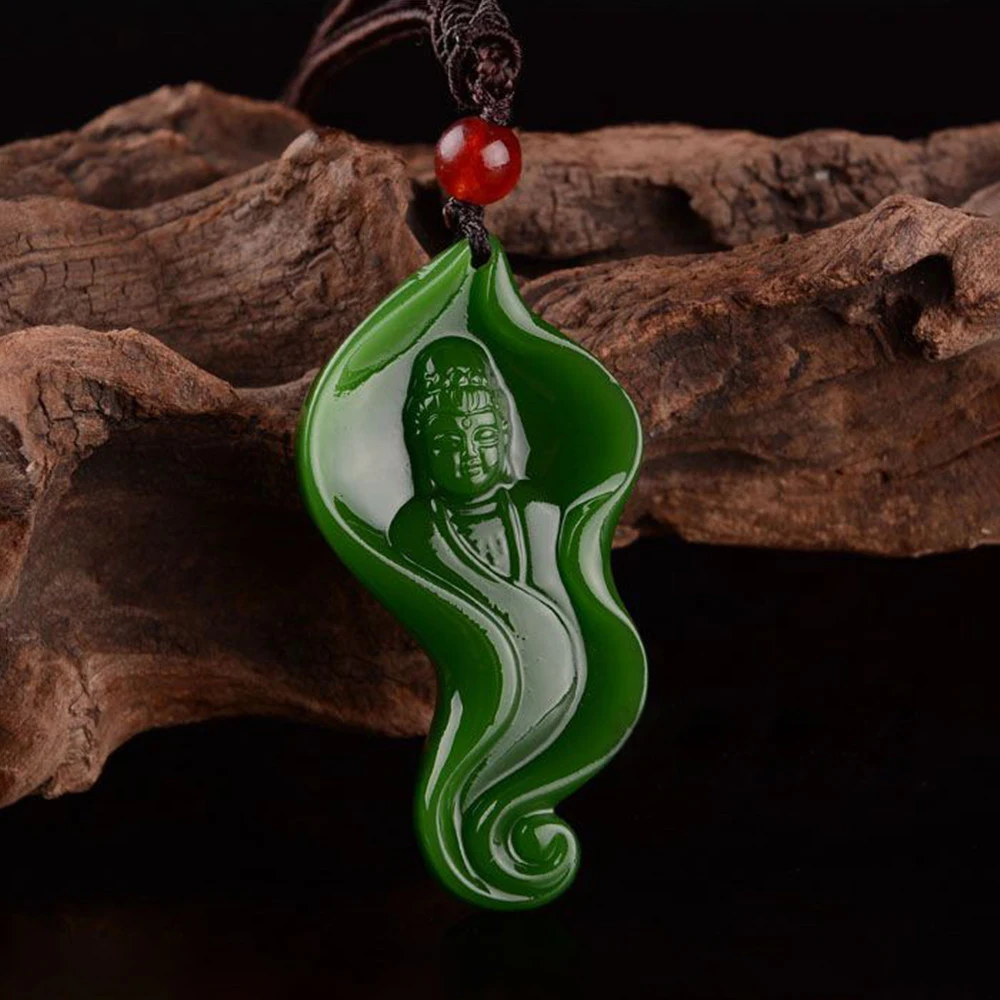 

Genuine Xinjiang Hetian Jadeite Hand Carved Green Leaf Avalokitesvara Pendant Men and Women's Peaceful Buddha Pendants Wholesale