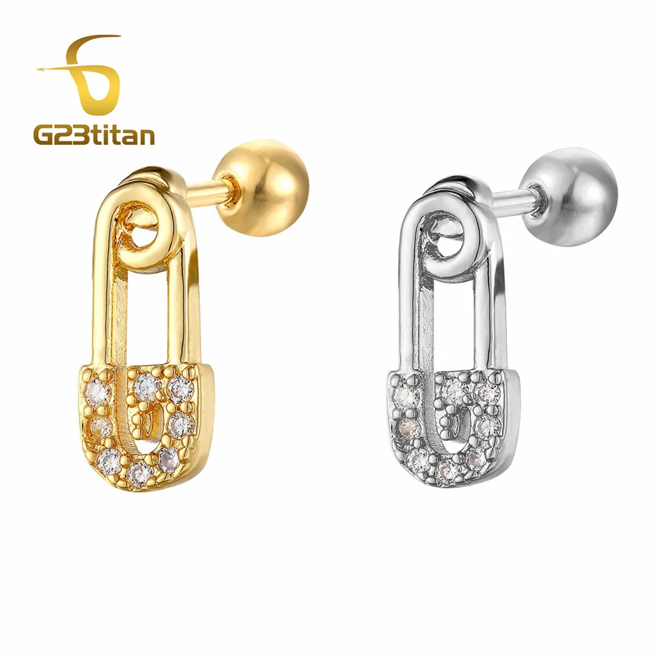 

CZ Zircon Safety Pin Stud Earring 16G Stainless Steel Ear Cartilage Helix Lobe Piercing Ring Woman Jewelry Goth Body Accessories