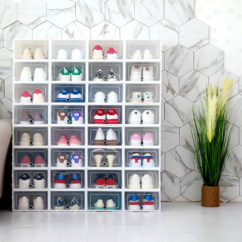 

6PCS Clamshell Shoe Storage Boxes Clear Plastic Stackable Sneakers Shoes Organizer Box Baby Clothes Storage Box Assembly Cabinet