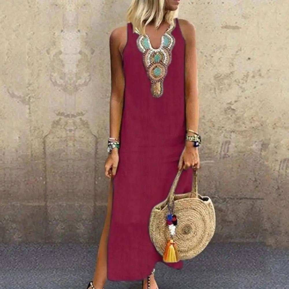 

70% Hot Sell Summer Women Paisley Print V Neck Sleeveless Split Maxi Linen Loose Kaftan Dress