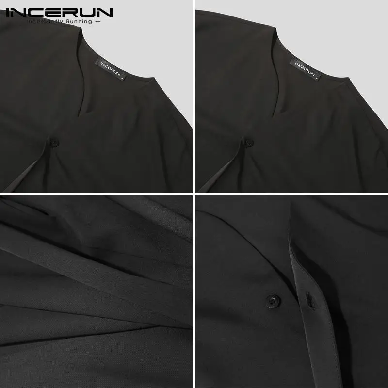INCERUN Fashion Men Shirt V Neck Long Sleeve Streetwear Solid Color Korean Casual Irregular Shirts 2022 Button Loose Camisas