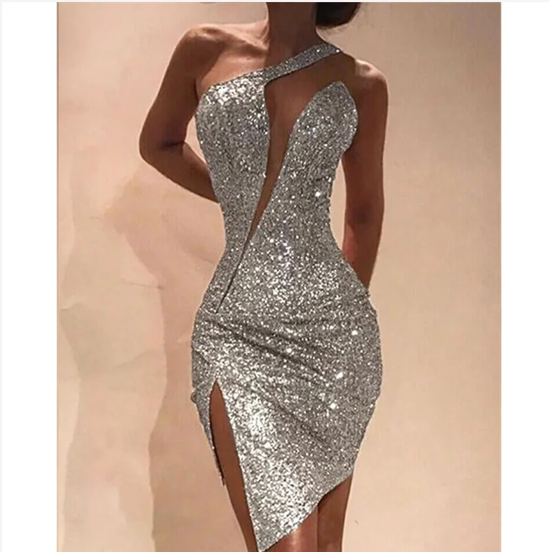 Серебристый Для женщин Сексуальная блестками ассиметричное вечерние платье разрезы Bodycon Высокая Талия Бальные платья без рукавов с блестками платье сексуальное облегающее мини вечернее Vetidos - Цвет: Серебристый