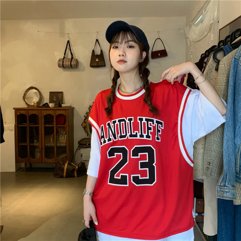 

Basketball fake two-piece T-shirt women's short-sleeved top loose Korean style ins street style Harajuku style half sleeve