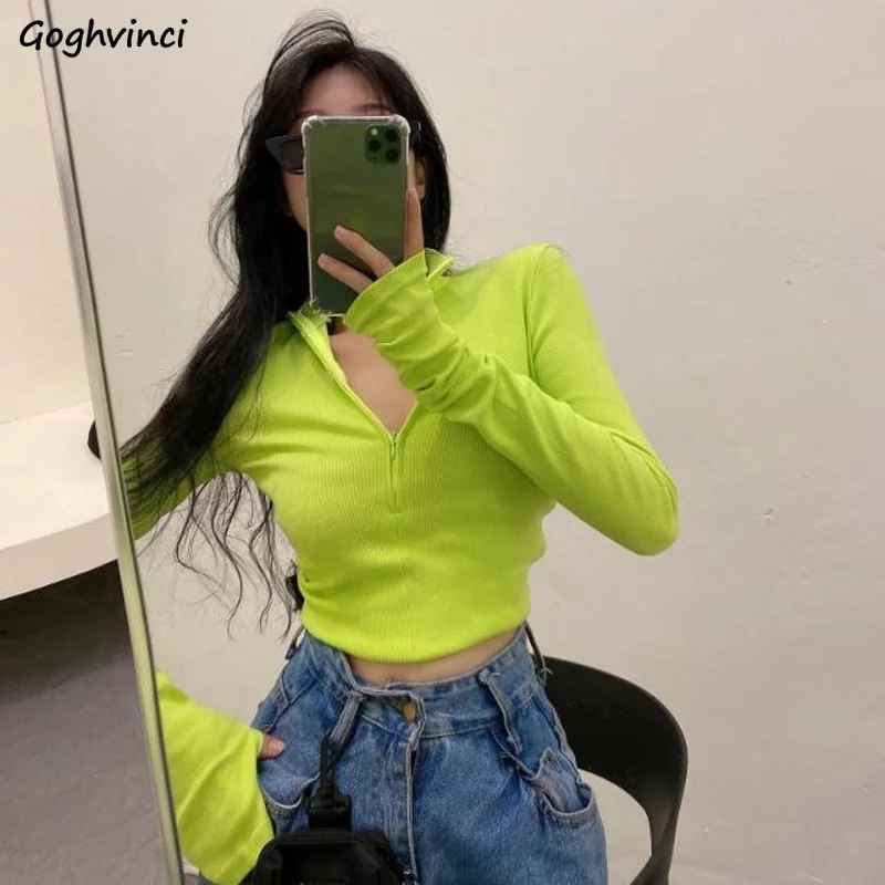 

Sexy T-shirts Women Fashion High Street Basic Casual Teens Club V-neck Gothic Vintage Crop Tops Long Sleeve Knitted Zipper Chic