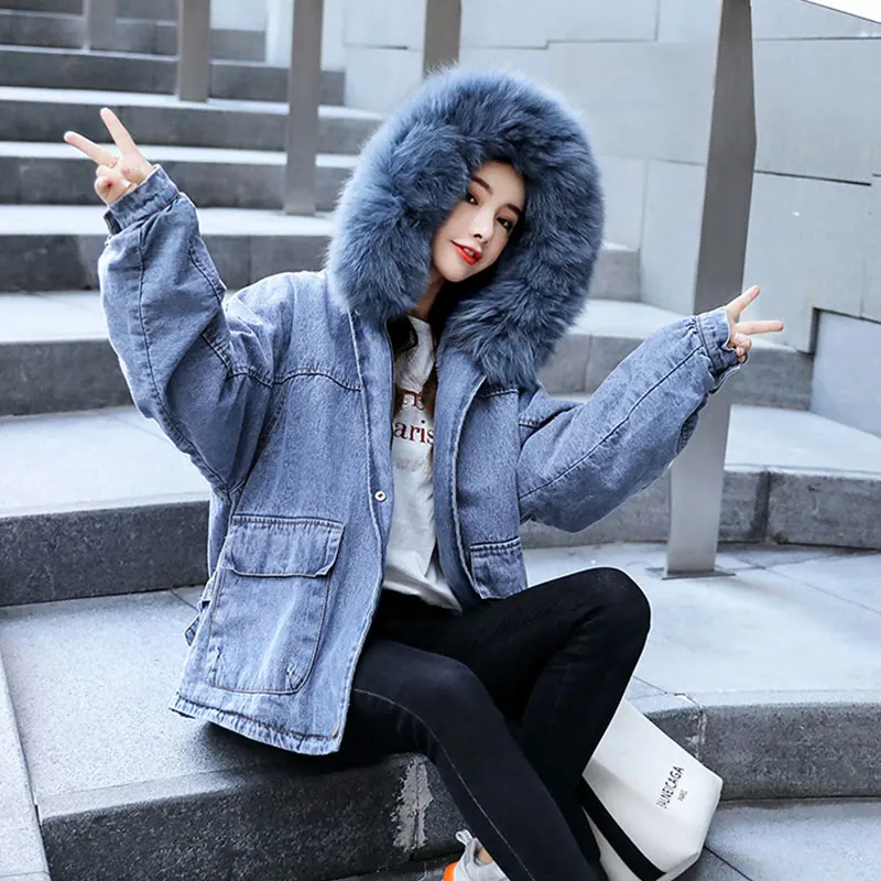 blue atural fur Зимняя женская джинсовая куртка с натуральным мехом, корейский мягкий теплый шерстяной подклад куртки, парка, модное женское зимнее пальто, парки Mujer - Цвет: blue atural fur