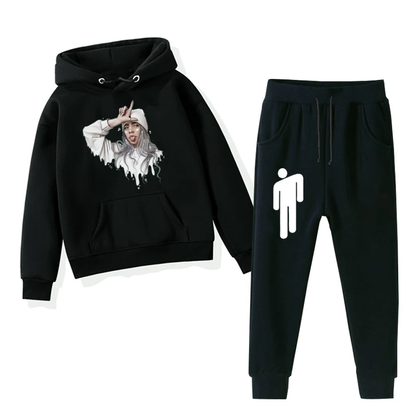 Billie Eilish принтами детская одежда длинный теплый жакет для девочки; Зимние толстовки с капюшоном для девочек+ брюки 2 шт./компл. для мальчиков-подростков, повседневная одежда, детский тренировочный костюм, комплект - Цвет: 1