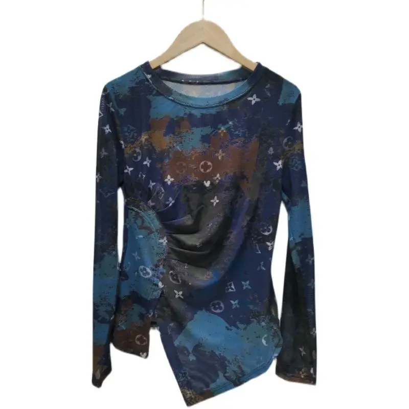 

Женская модная Ретро-футболка в стиле Харадзюку со складками, с разрезом и принтом, осенняя облегающая универсальная рубашка с круглым выре...