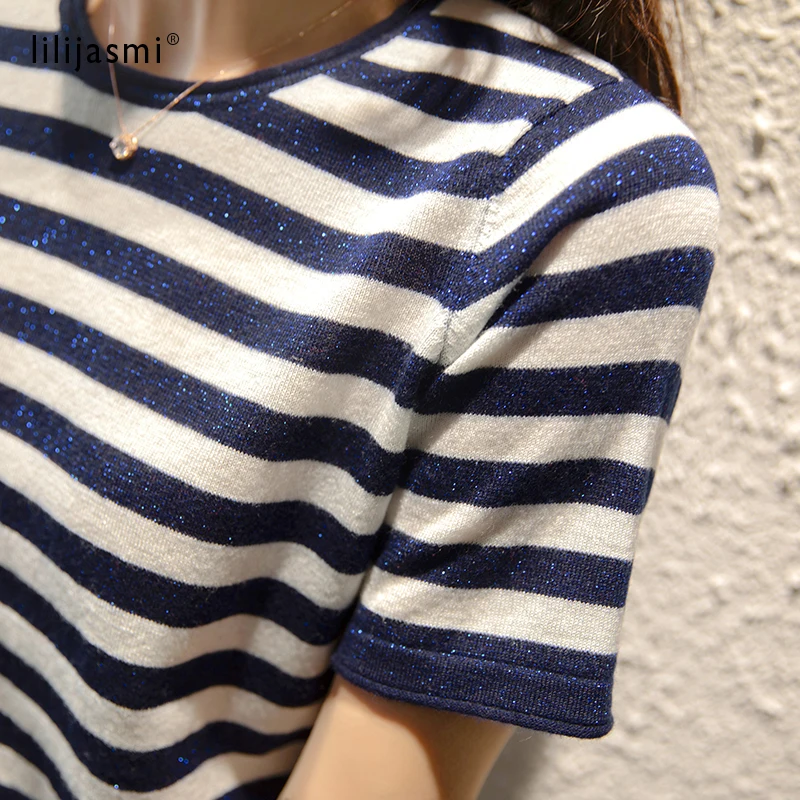 

Summer 100% Wool Wire Yarn Women O-neck Knitted Striped T-shirt Metal Girl Broad Stripes Tees Short Sleeve Pullover Sweater