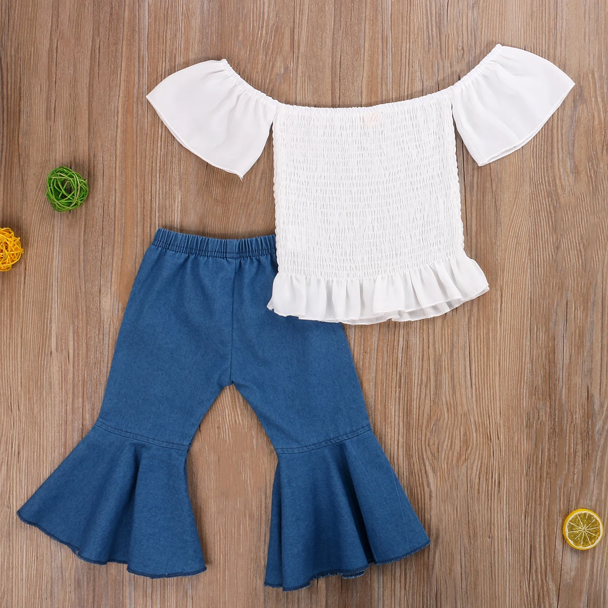 

Summer 2-6Years Kid Girls Off-shoulder Butterfly Sleeve Ruffle Hem Smocked Top Elastic Waist Flared Trousers