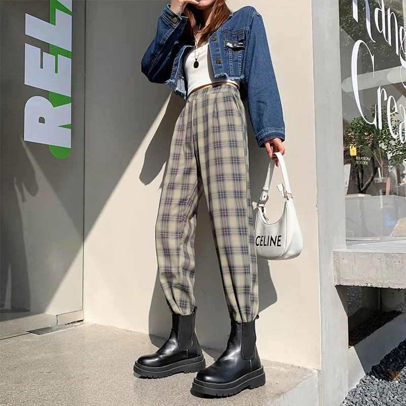 

CGC 2021 Casual Wide Leg Women Pants Fashion OverSize High Waist Checked Pants Female Straight Harajuku Plaid Trousers For Women