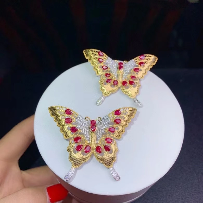 

grace Butterfly fly natural red ruby gem brooch Pendant natural gemstone pendant Two uses S925 silver lady party jewelry