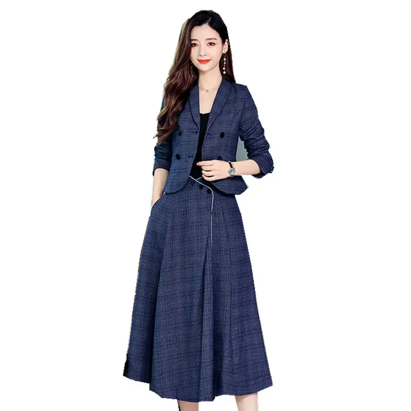 Plaid Woolen Skirt Suits Women 2020 Early Autumn Slim Short Blazer And Long Skirt Fashion Two-piece Set Formal Workwear K1238