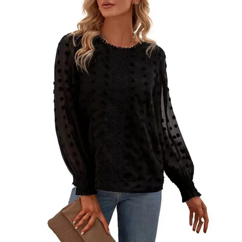 

Ladies Lantern Long-sleeve Chiffon Loose Comfortable Shirts New Solid Color Office Lady O-neck Casual Shirts Autumn