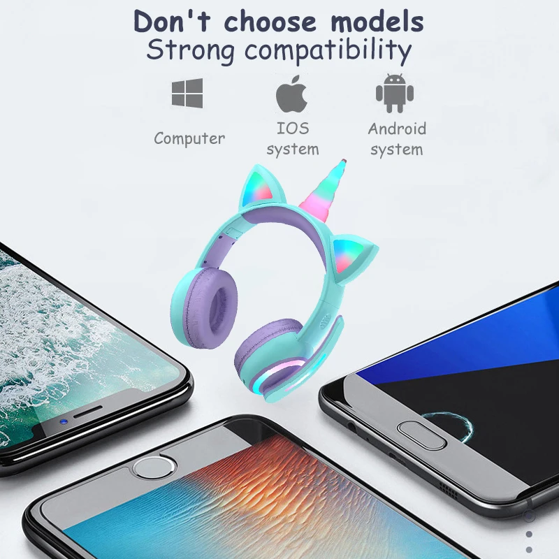 new unicorn wireless headset led light with 3 shining modes noise reduction microphone soft leather head cushion casco kids gift free global shipping