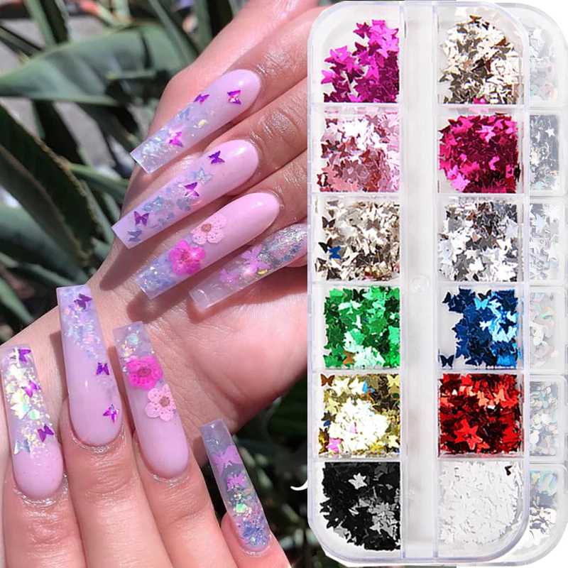 12 сетки Блеск Зеркало Бабочка ногтей блестки смешанные цвета 3D Радужный Звезда