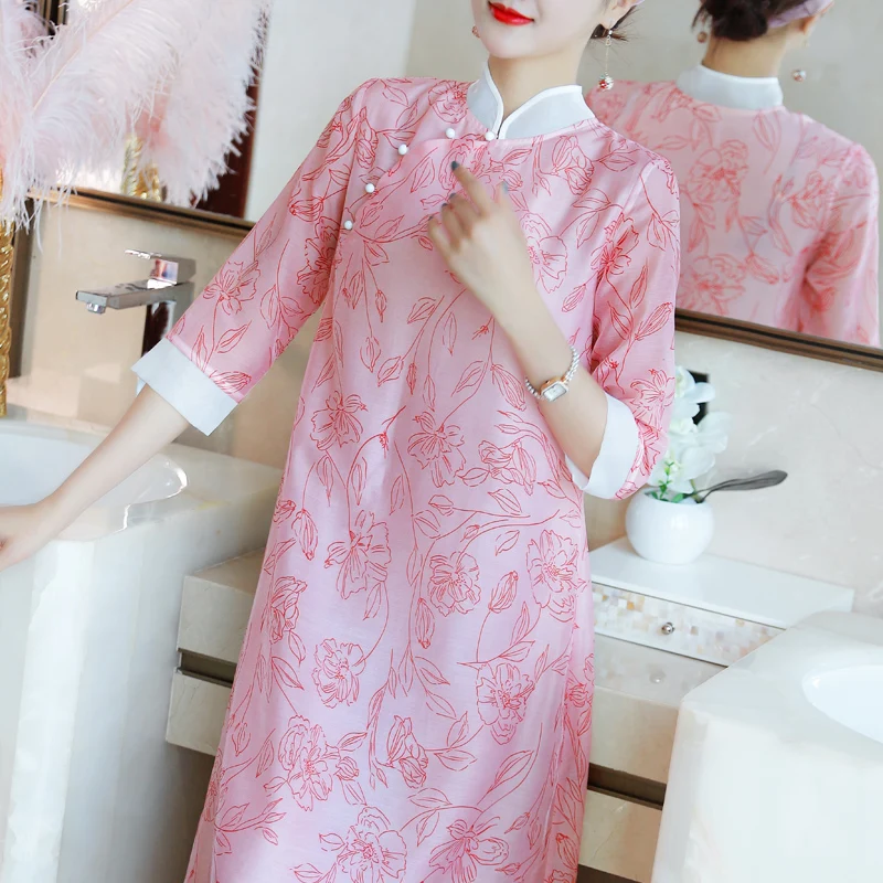 

Китайская летняя Весенняя женская одежда с цветочным принтом, платье Ципао с рукавом 3/4 для женщин, женские длинные платья в стиле пэчворк