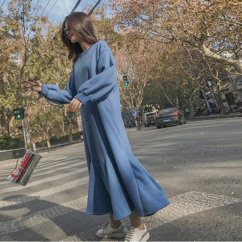

YourSeason New Korean Women Fishtail Dresses Casual Loose Solid Color Ladies Ruffles Dress 2021 Winter Spring