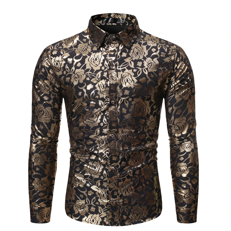 

2019 New Men's Shiny Floral Printed Shirt Male Long Sleeve Silk Satin Party Shirt Men Slim Fit Nightclub Business Shirt Tops 2XL