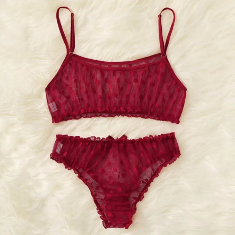 

New Sexy lingerie erotic underwear Polka Dot Mesh Frill Trim Lace lingerie set top lace invisible bra bras for women