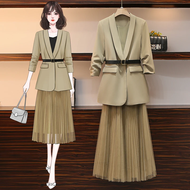 

2022 Spring Fashion Office Ladies Suit Women D Letter Sashes V Neck Blazer Jacket Coat Mesh Pleated Long Skirt Two Pieces Set