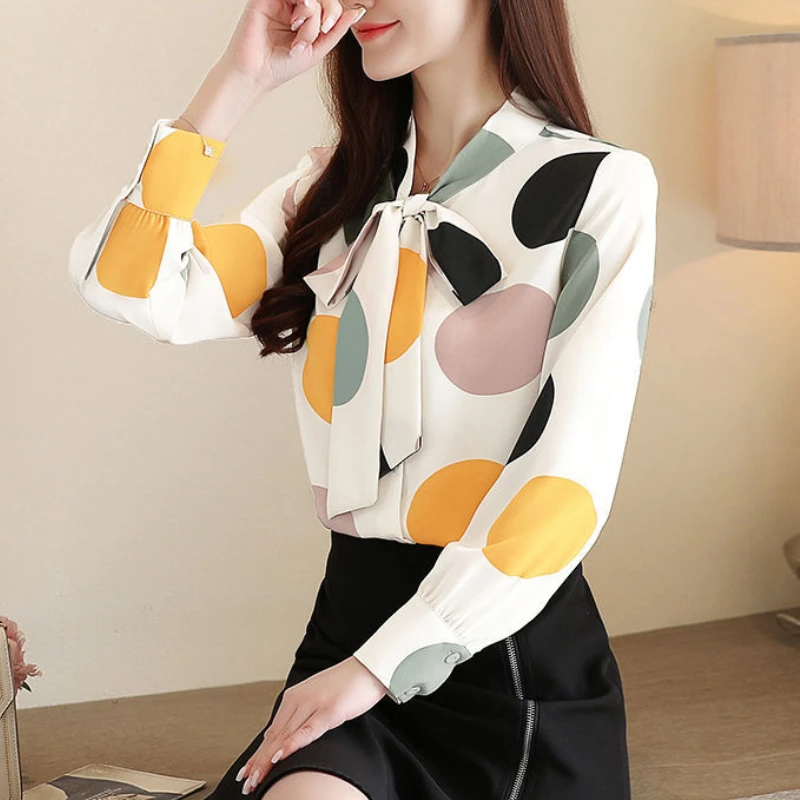 

Big Polka Dot Print Shirts Korean Work Shirt Women Bow Tie Pink Tops Casual Long Sleeve Blouses Women Office Blouse Blusas Mujer