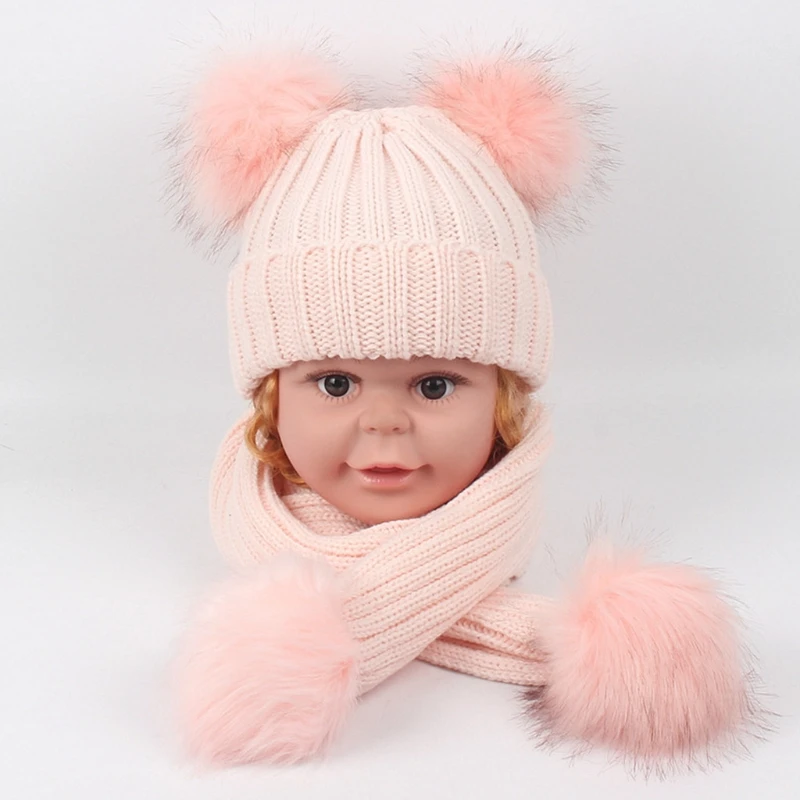 Детская Зимняя Теплая Вязаная Шапка бини в рубчик с длинным шарфом комплекте