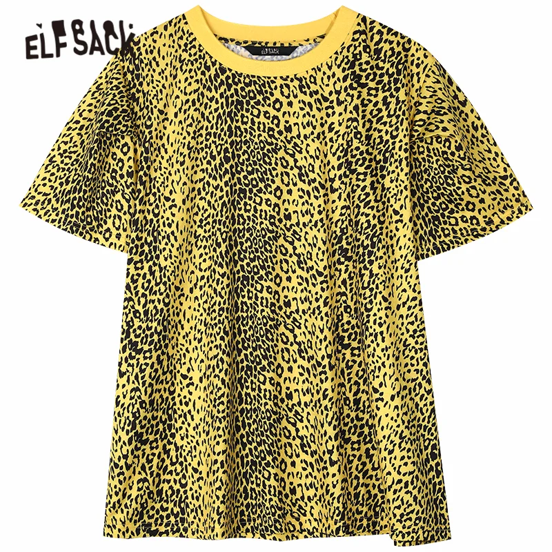 

ELFSACK Harajuku Leopard Casual T-Shirts Women Tops,2020 Autumn ELF Green Striped Short Sleeve Korean Ladies Daily Basic Tee