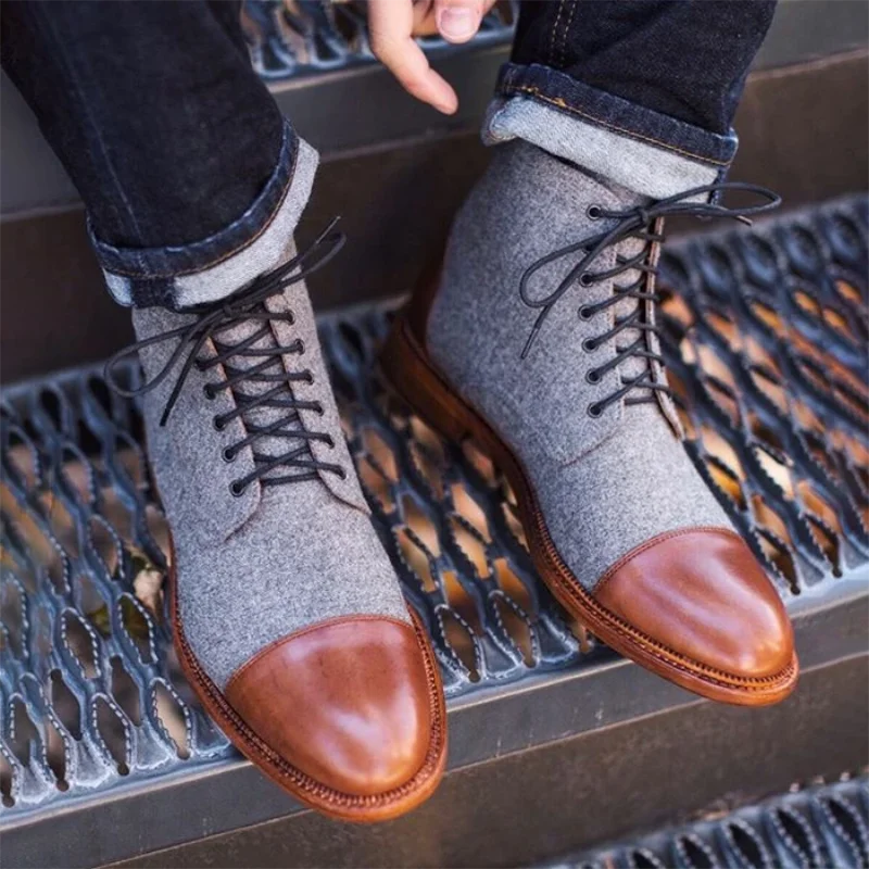 

New Men Fashion Business Casual Dress Shoes Handmade PU Stitching Flannel Round Toe High-top Lace-up Low-heel Ankle Boots KU104