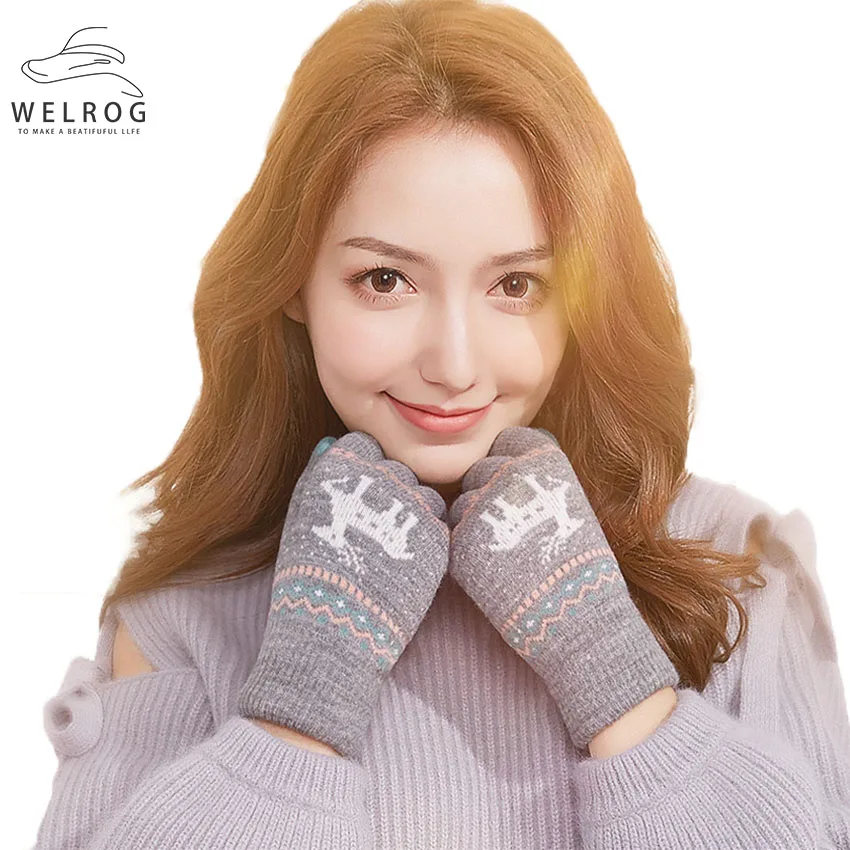 WELROG вязаные перчатки с сенсорным экраном лосиные милые женские теплые зимние