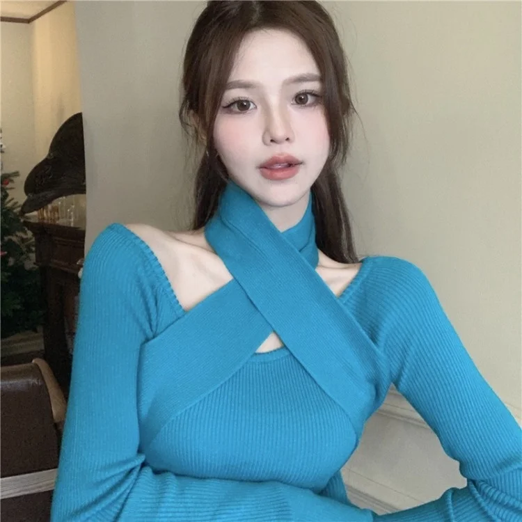 

Hanging Neck Off Shoulder Knit Bottoming Shirt 2021 Autumn Sweater with Short Tight Long Sleeve Top C559a