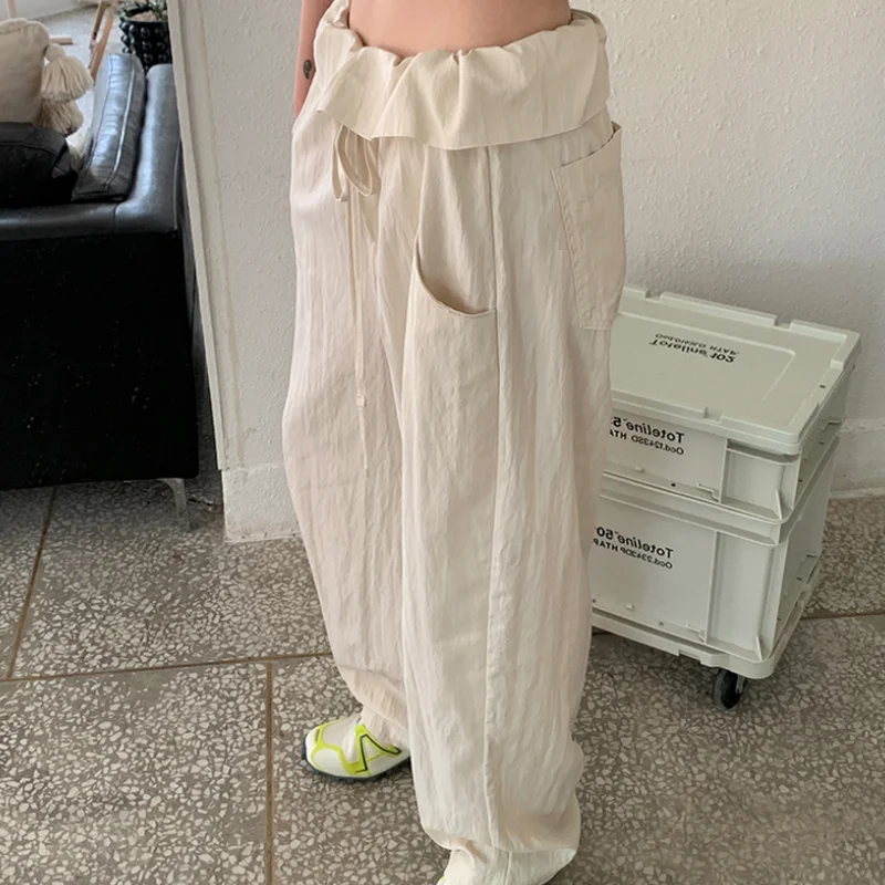 

2021 Women Summer Beige Loose Wide Leg Long Pants Drawstring Waist Edible Tree Fungus Casual Trousers Solid Color