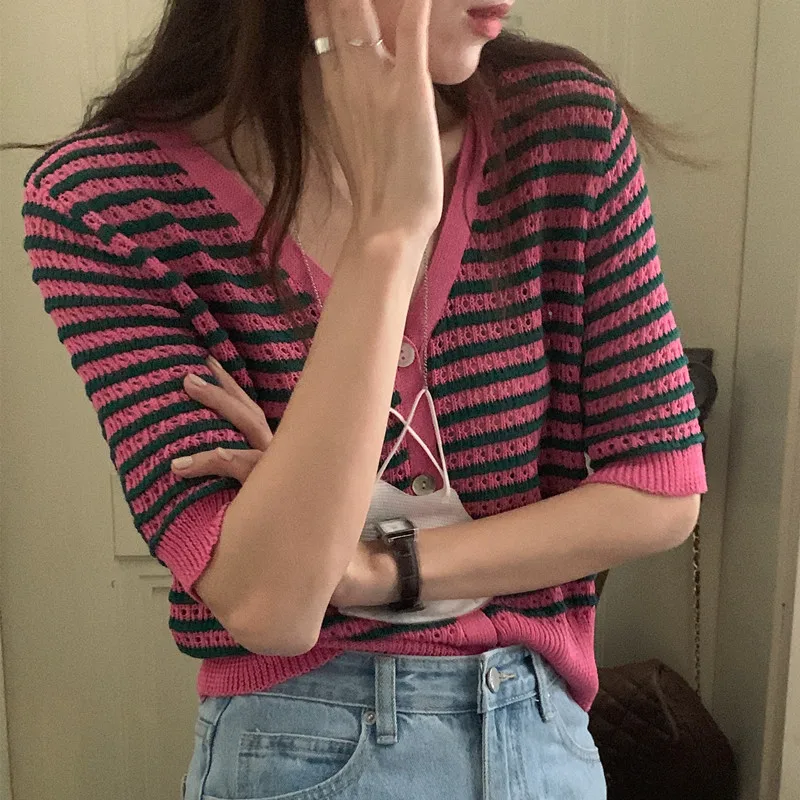 

ZAWAHIKI Contrast Color Striped Hollow Out Knitted Cardigan Summer V Neck Short Sleeve Loose Short Tops All-match Women Sweaters