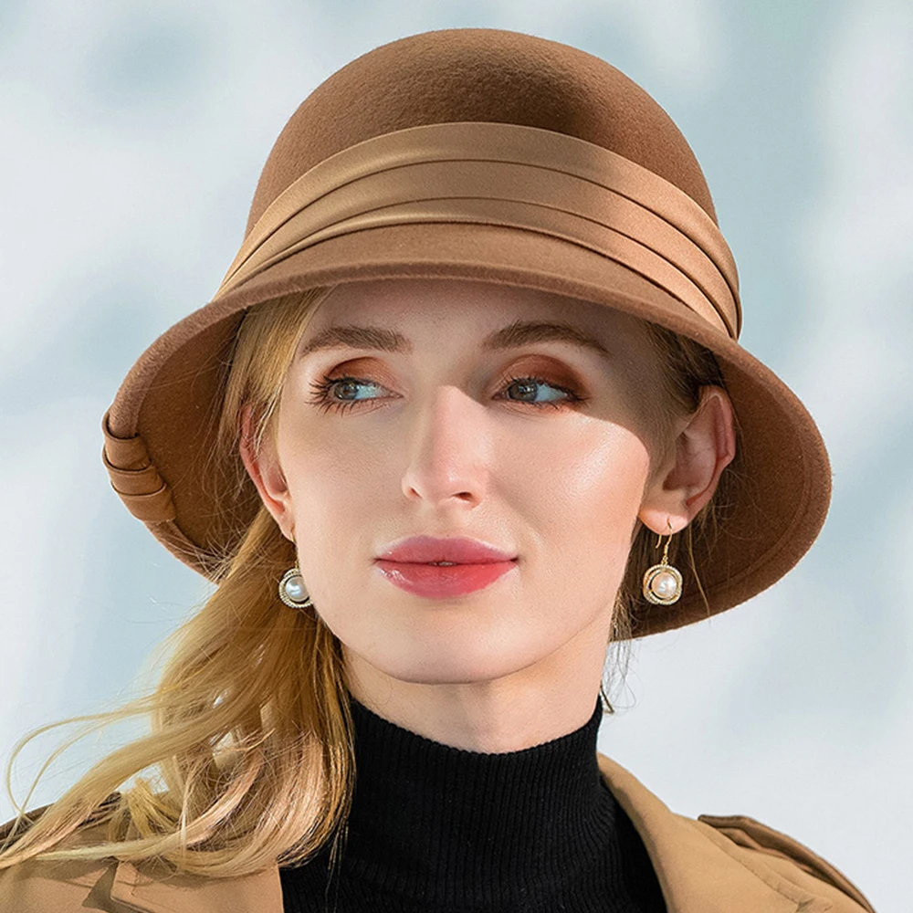 Женская фетровая шляпа-Колокол FS шляпа из верблюжьей шерсти с лентой черного и