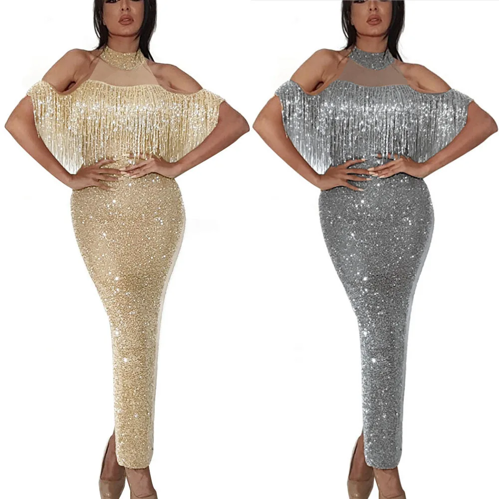 Hot Dress Woman Party Night Stitching Mesh Gauze Split Hip Fringing Temperament Elegant Hanging Neck Strapless TL36 | Женская одежда