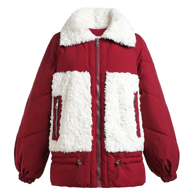 2021 Winter Women Thickened Lamb Velvet Fur One Short Coat Parkas Patchwork Fleece Thick Motorcycle Jacket Warm Padded OverCoat