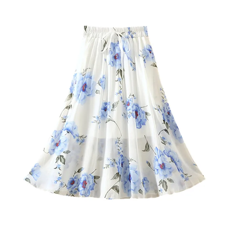 

Printing medium length skirt for women summer new high waist with thin lace up A-line large swing flower fairy skirt