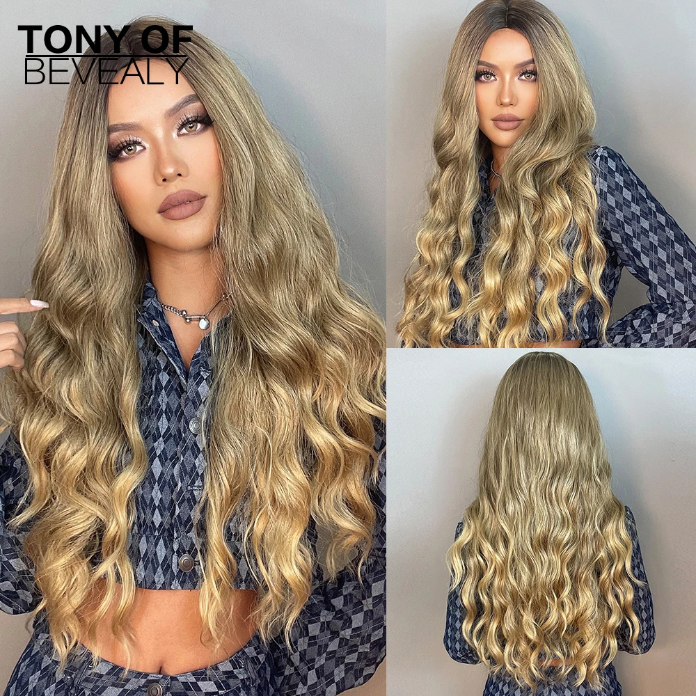 

Длинные волнистые синтетические парики HAIRCUBE с Омбре от коричневого до светлого цвета, средней части для женщин, парики из натуральных волос...