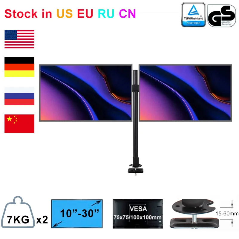 Drilling Dual Monitor Arms Fully Adjustable Desk Mount Stand for Two LCD Screens Fit 10"-30" Max Support 7KG Weight Per Arm |