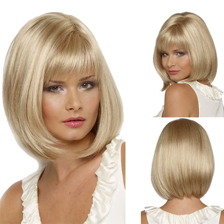 

White Women Synthetic Full Wigs Short Straight Bob Hairstyle Blonde HighLights Hair Wig Heat Resistant Free Shipping