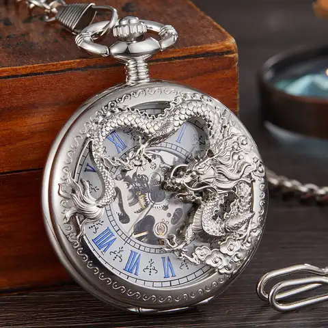 Роскошные Серебристые Механические карманные часы с лазерной гравировкой дракона, часы с ручной обмоткой, мужские часы на цепочке